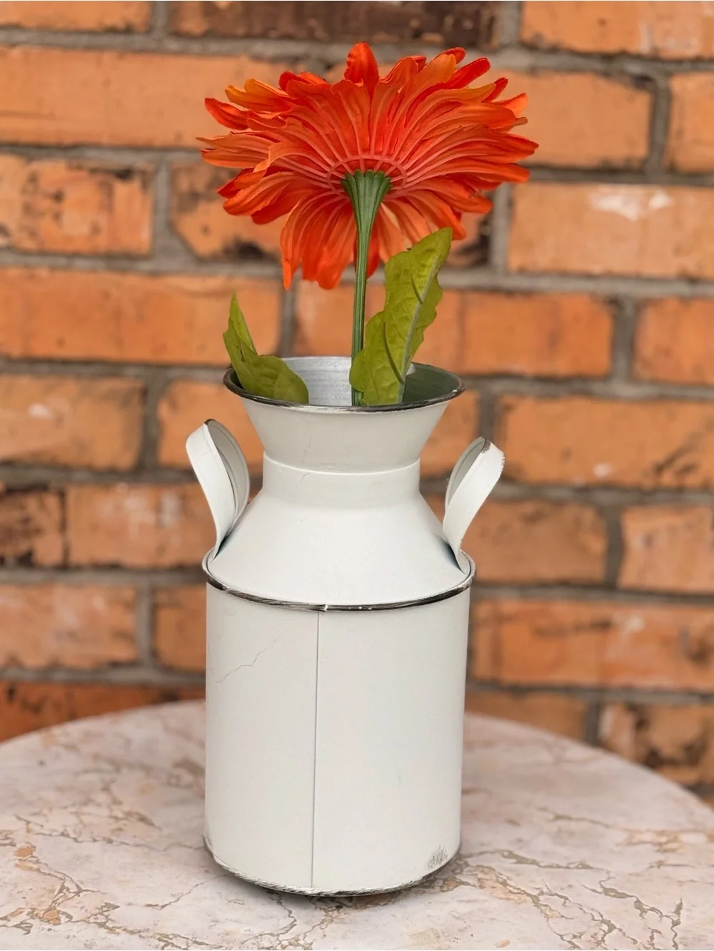 Farmersw Market White Decorative Milk Can Vase with Orange Flower 12”